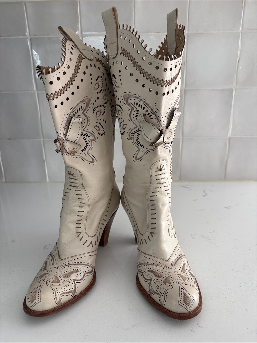 Vince Camuto Cream Embroidered Western Heeled Boots-Size 7